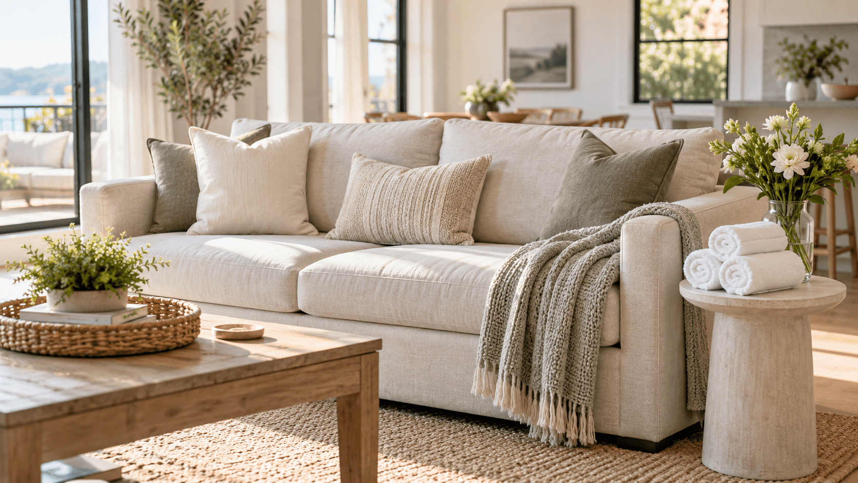 A short-term rental living room styled and ready for the next guest