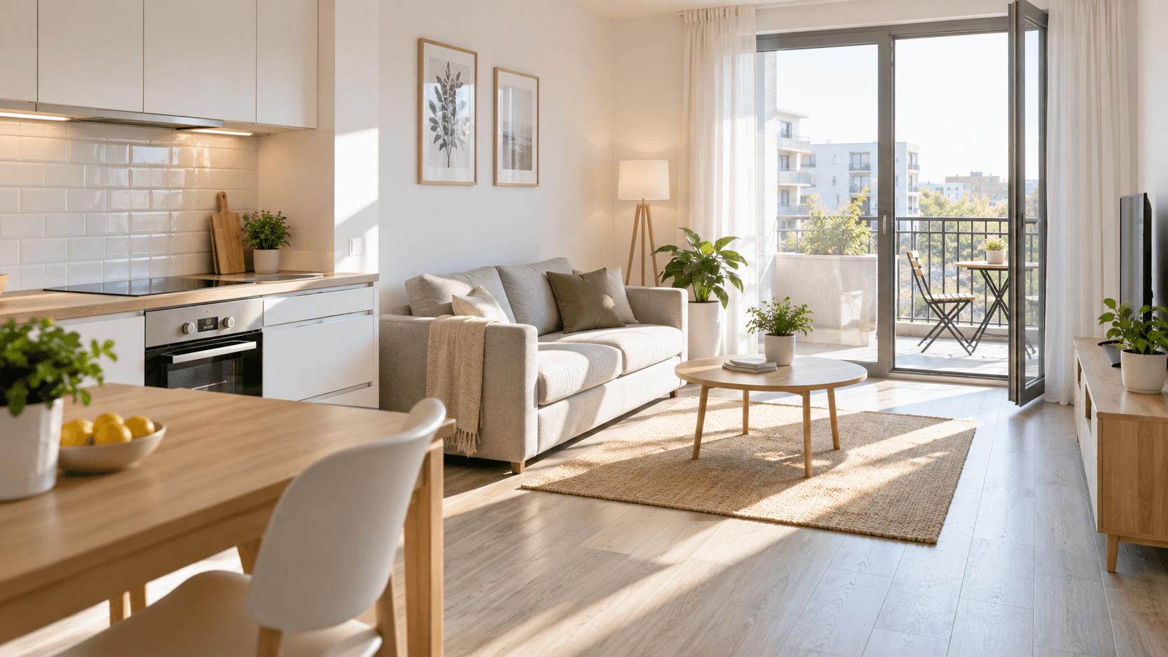 A small, bright, freshly cleaned open-plan apartment with a balcony door