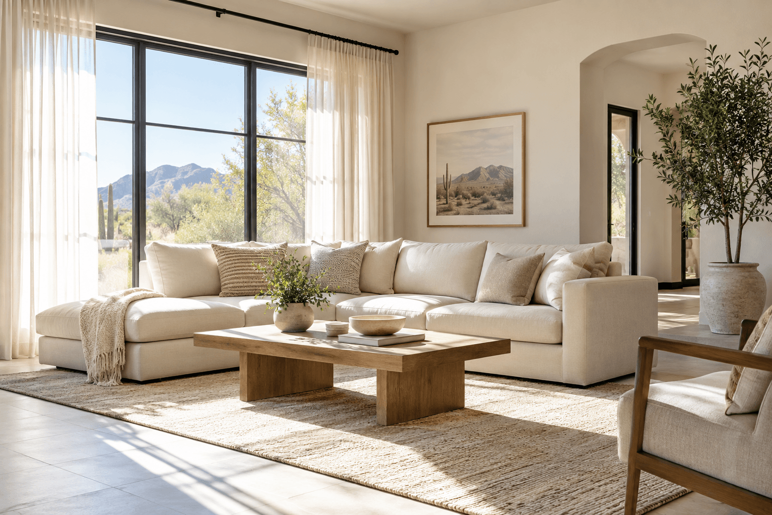 A bright, freshly cleaned living room with a cream sofa and large sunlit window