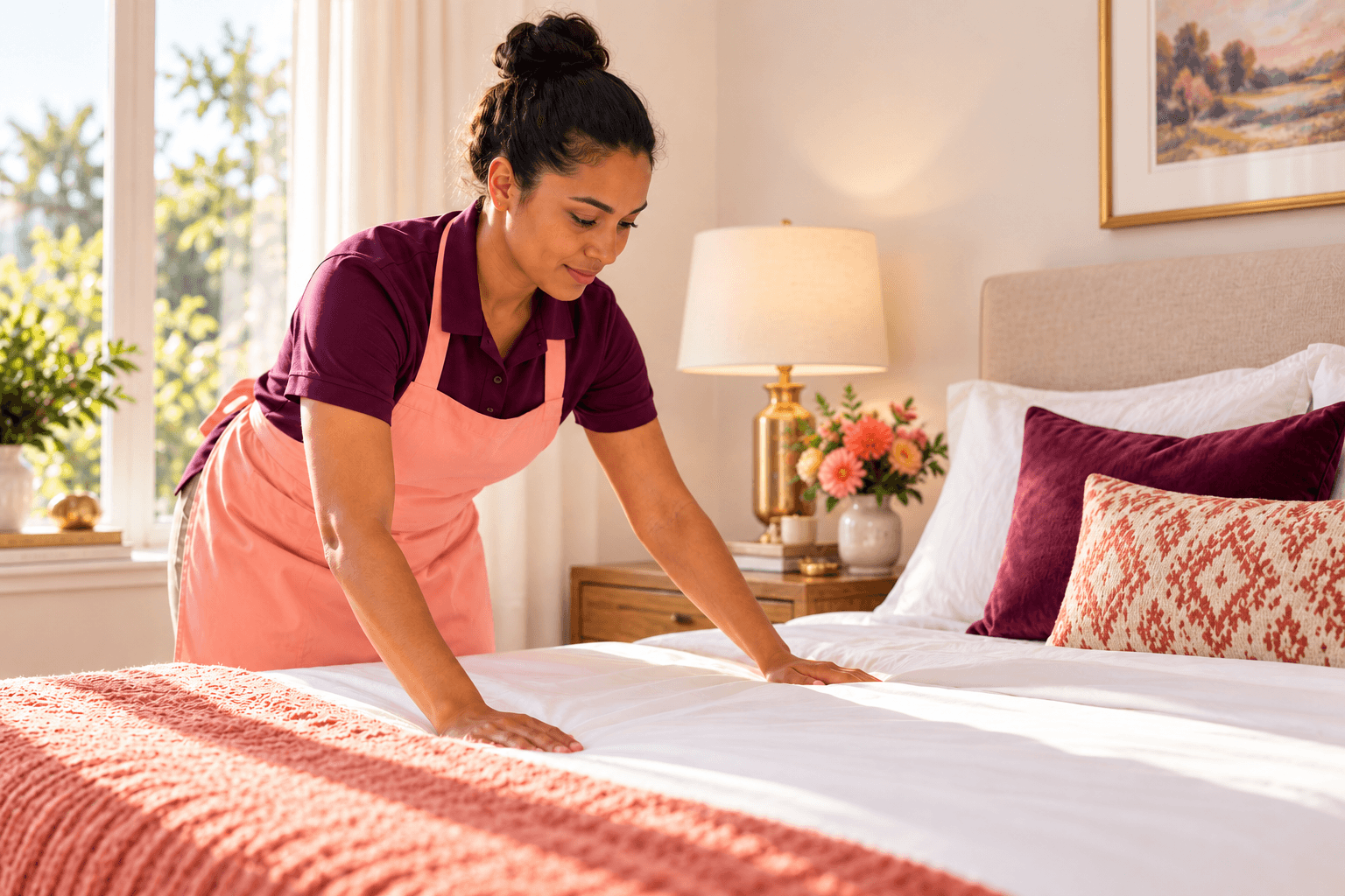 A cleaner smoothing crisp white linens on a freshly made bed
